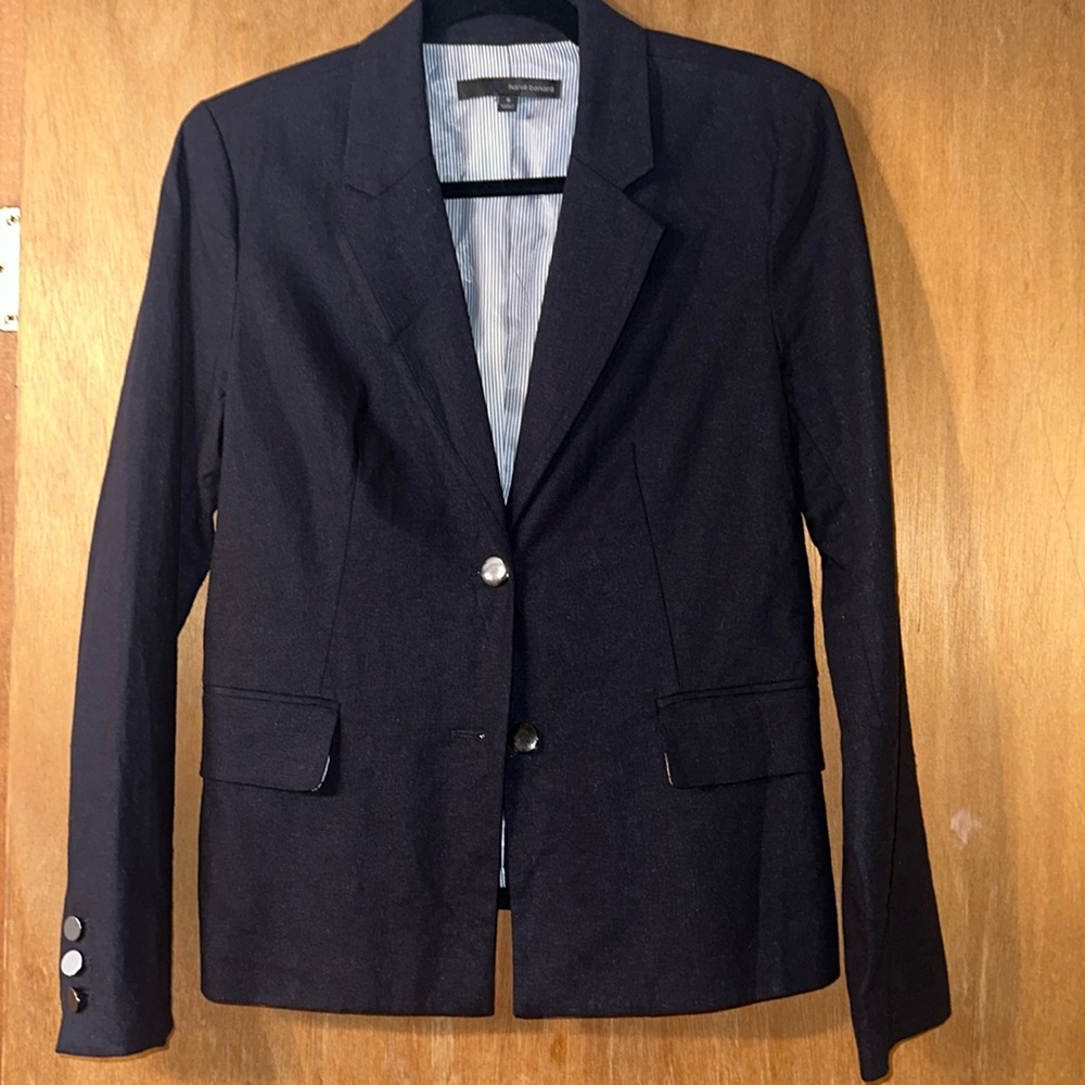 HARVE BERNARD DENIM BLUE LINEN BLEND BLAZER, SZ 6